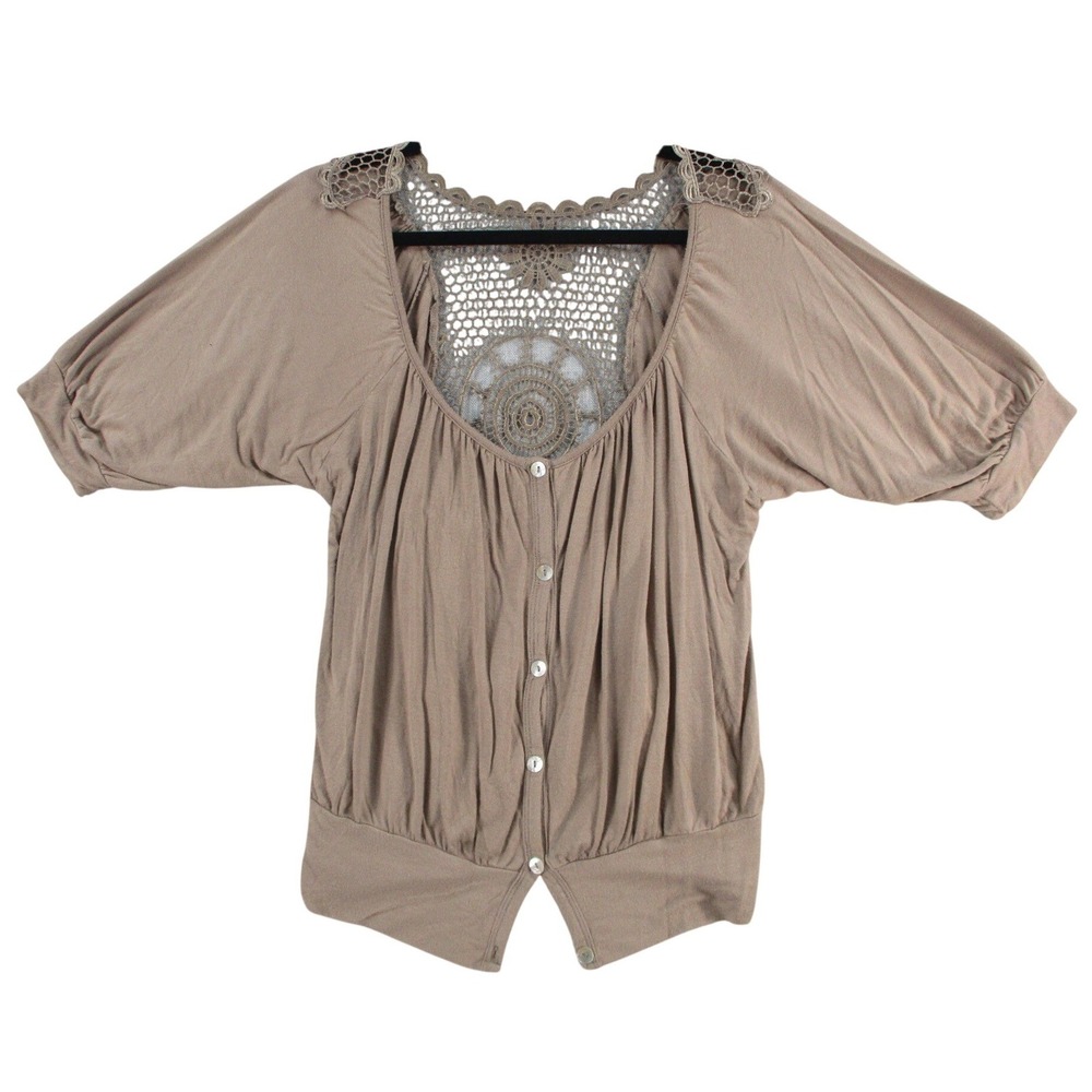 Wet Seal Womens Taupe Brown Crochet Lace Back Button Front Blouse Top